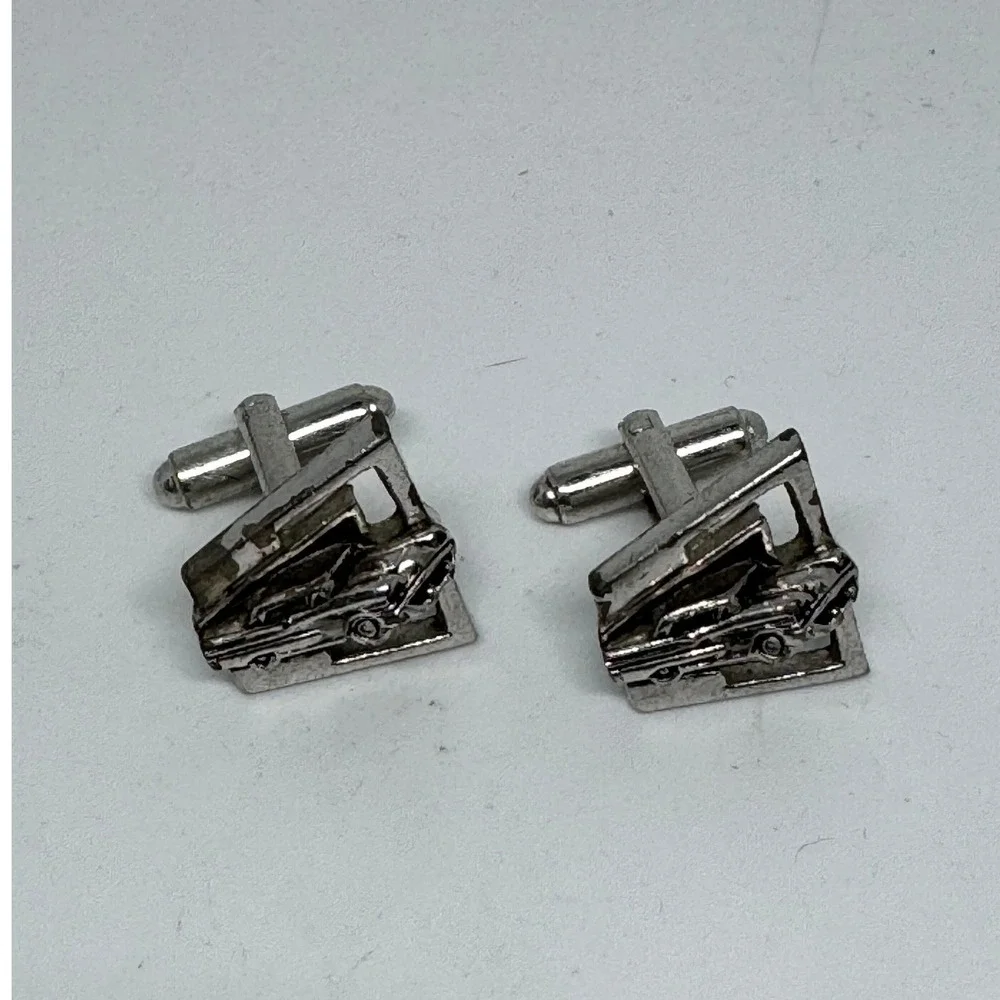 Vintage Silver Tone Classic Car Cufflinks Geometric Automotive Novelty Mens